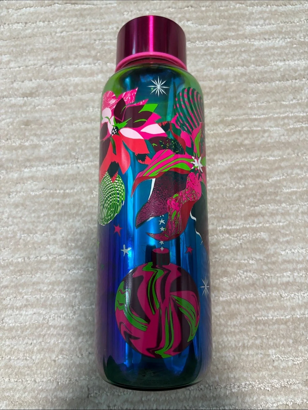 Starbucks Blue Glass Bottle with Pink Cap and Green Accents